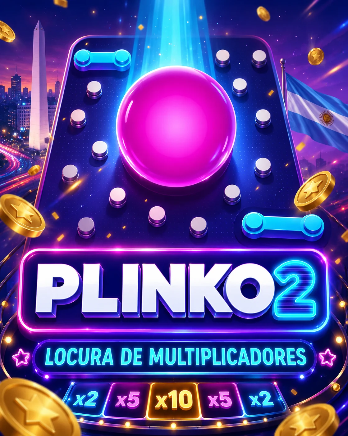 Pantalla de Plinko 2 con multiplicadores y ficha rosa