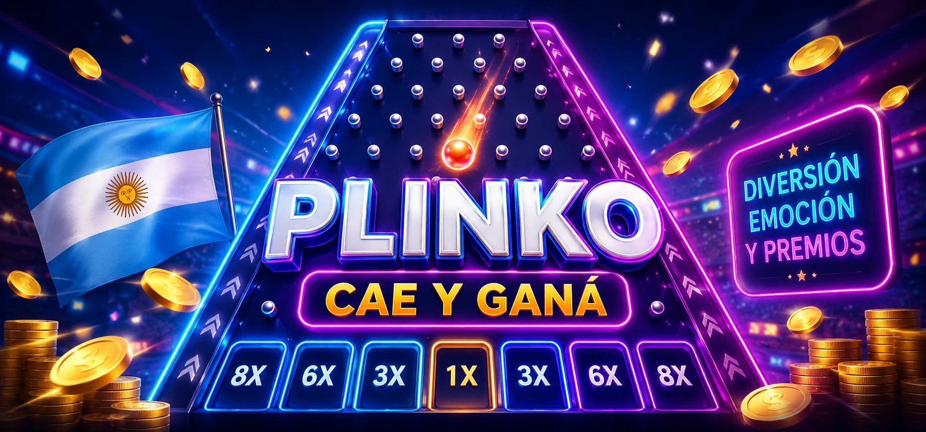 Banner con ficha de Plinko, monedas y bandera argentina