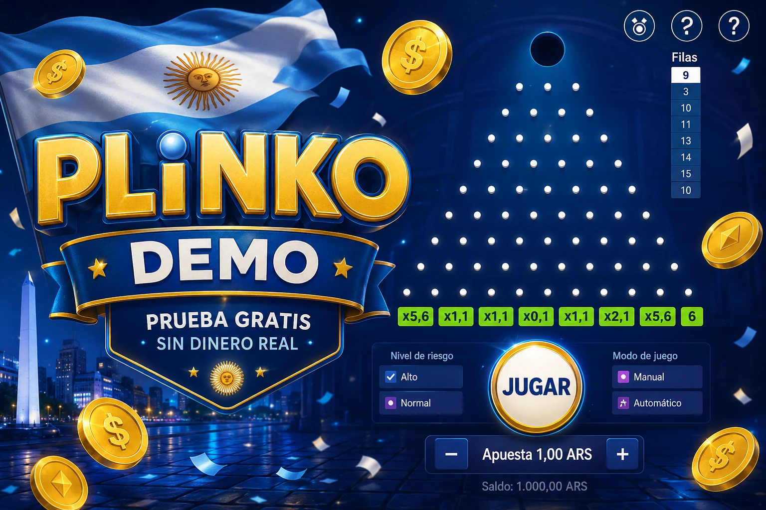 Pantalla demo con tablero y saldo sin apuesta real