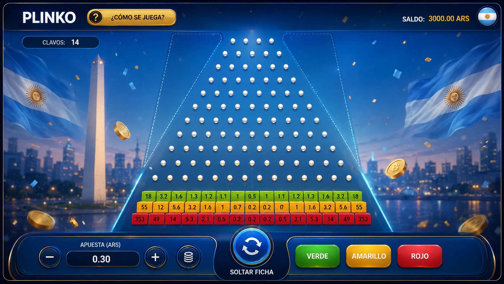 Pantalla de casino online con tablero, saldo y controles