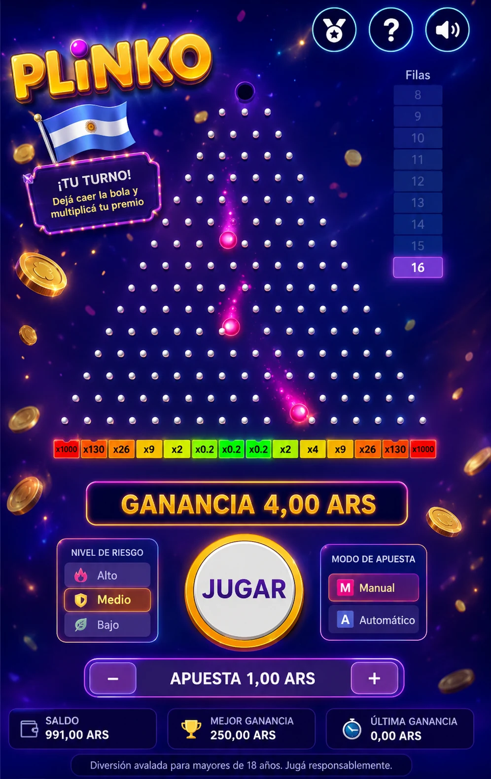 Pantalla vertical con saldo, apuesta y resultado en pesos argentinos